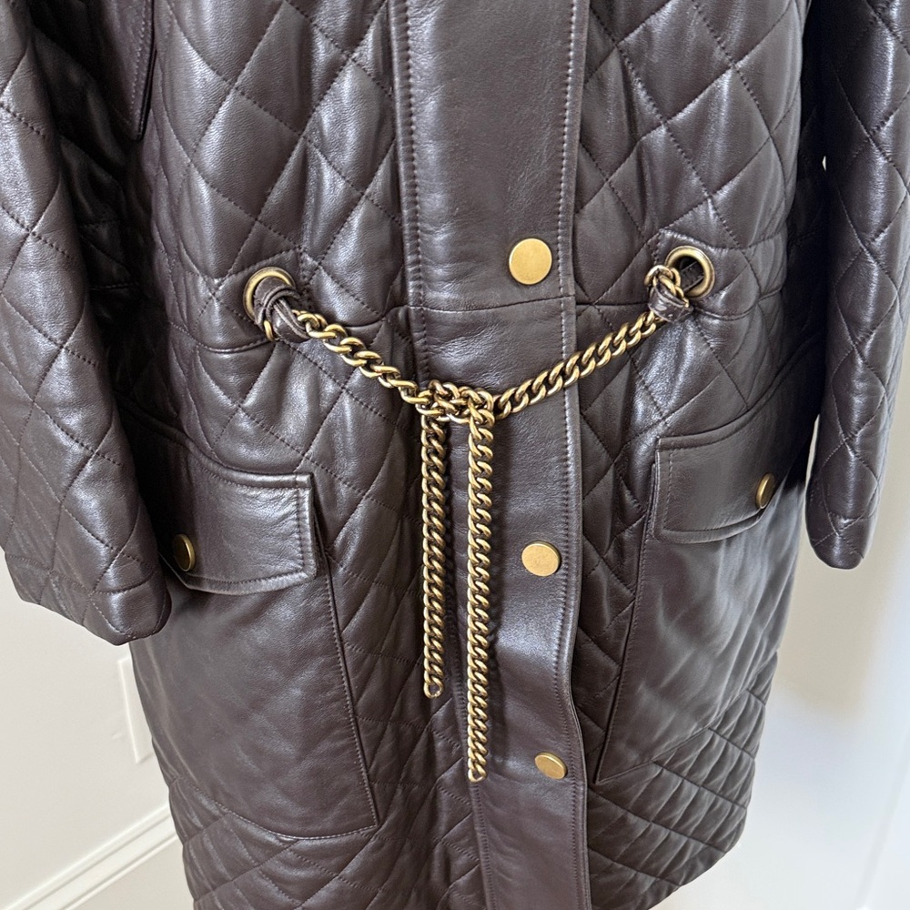 Michael Kors Collection Quilted Hooded Leather Coat in Dark Brown - Picture 5 of 7